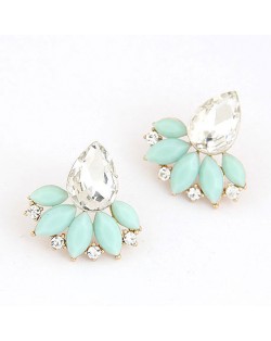 Resin Gems Mingled Budding Lotus Design Alloy Fashion Ear Studs - Teal