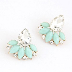 Resin Gems Mingled Budding Lotus Design Alloy Fashion Ear Studs - Teal