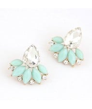 Resin Gems Mingled Budding Lotus Design Alloy Fashion Ear Studs - Teal
