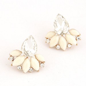 Resin Gems Mingled Budding Lotus Design Alloy Fashion Ear Studs - White