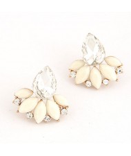 Resin Gems Mingled Budding Lotus Design Alloy Fashion Ear Studs - White