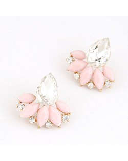 Resin Gems Mingled Budding Lotus Design Alloy Fashion Ear Studs - Pink