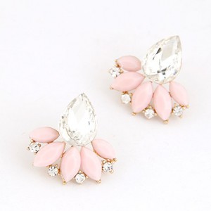 Resin Gems Mingled Budding Lotus Design Alloy Fashion Ear Studs - Pink