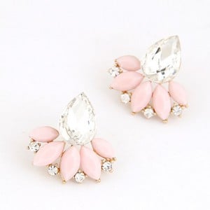 Resin Gems Mingled Budding Lotus Design Alloy Fashion Ear Studs - Pink