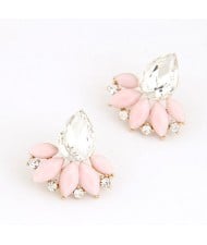 Resin Gems Mingled Budding Lotus Design Alloy Fashion Ear Studs - Pink