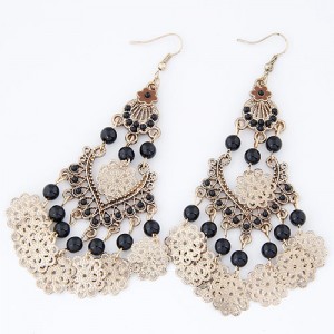 Bohemian Fashion Floral and Beads Combo Design Dangling Waterdrop Earrings - Black