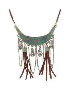 Vintage Arch with Dual Leather Tassel and Palms Pendant Design Fashion Necklace