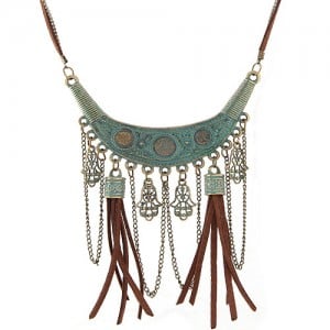 Vintage Arch with Dual Leather Tassel and Palms Pendant Design Fashion Necklace