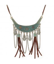 Vintage Arch with Dual Leather Tassel and Palms Pendant Design Fashion Necklace