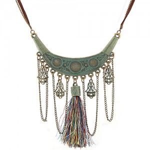 Vintage Arch with Palms and Colorful Tassel Pendants Statement Fashion Necklace