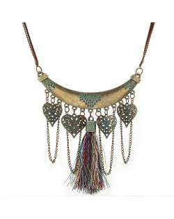 Vintage Arch with Hollow Hearts and Colorful Tassel Pendants Statement Fashion Necklace