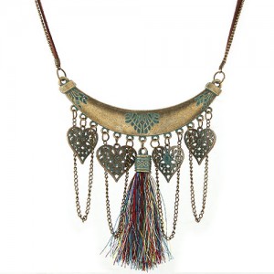 Vintage Arch with Hollow Hearts and Colorful Tassel Pendants Statement Fashion Necklace