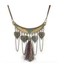 Vintage Arch with Hollow Hearts and Colorful Tassel Pendants Statement Fashion Necklace
