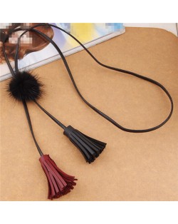 Korean Fashion Leather Tassel with Fluffy Ball Decoration Design Fashion Long Necklace - Black
