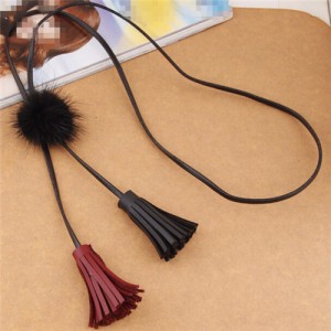 Korean Fashion Leather Tassel with Fluffy Ball Decoration Design Fashion Long Necklace - Black