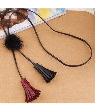 Korean Fashion Leather Tassel with Fluffy Ball Decoration Design Fashion Long Necklace - Black