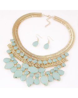 Bright Gems Combined Floral Fashion Golden Snake Chain Necklace and Earrings Set - Green