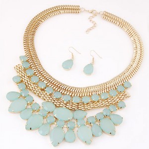 Bright Gems Combined Floral Fashion Golden Snake Chain Necklace and Earrings Set - Green