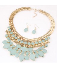 Bright Gems Combined Floral Fashion Golden Snake Chain Necklace and Earrings Set - Green
