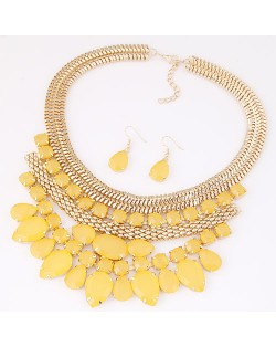 Bright Gems Combined Floral Fashion Golden Snake Chain Necklace and Earrings Set - Yellow