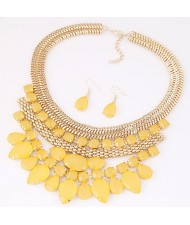 Bright Gems Combined Floral Fashion Golden Snake Chain Necklace and Earrings Set - Yellow