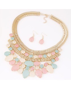 Bright Gems Combined Floral Fashion Golden Snake Chain Necklace and Earrings Set - Multicolor