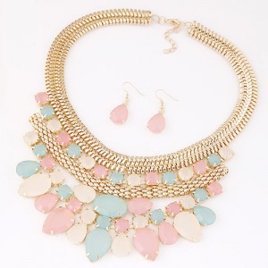 Bright Gems Combined Floral Fashion Golden Snake Chain Necklace and Earrings Set - Multicolor
