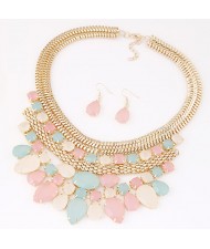 Bright Gems Combined Floral Fashion Golden Snake Chain Necklace and Earrings Set - Multicolor
