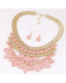 Bright Gems Combined Floral Fashion Golden Snake Chain Necklace and Earrings Set - Pink