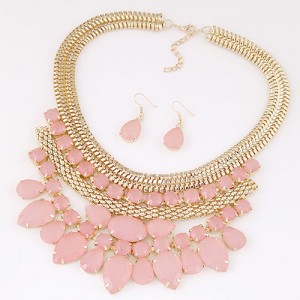 Bright Gems Combined Floral Fashion Golden Snake Chain Necklace and Earrings Set - Pink