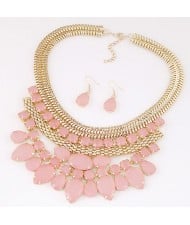 Bright Gems Combined Floral Fashion Golden Snake Chain Necklace and Earrings Set - Pink