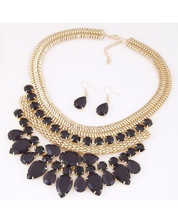 Bright Gems Combined Floral Fashion Golden Snake Chain Necklace and Earrings Set - Black