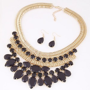 Bright Gems Combined Floral Fashion Golden Snake Chain Necklace and Earrings Set - Black