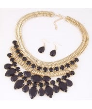 Bright Gems Combined Floral Fashion Golden Snake Chain Necklace and Earrings Set - Black