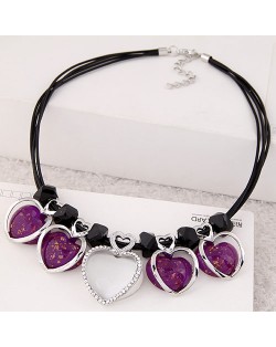 Opal Hearts with Rhinestone Alloy Hearts Pendants Rope Necklace