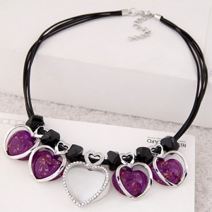 Opal Hearts with Rhinestone Alloy Hearts Pendants Rope Necklace