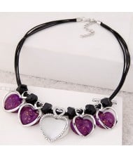 Opal Hearts with Rhinestone Alloy Hearts Pendants Rope Necklace