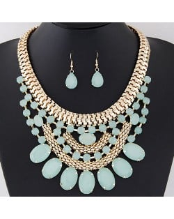 Oval Shape Gems Decorated Golden Snake Chain Necklace and Waterdrop Earrings Set - Green