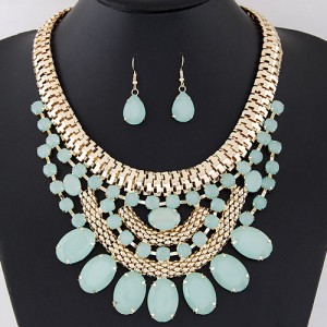 Oval Shape Gems Decorated Golden Snake Chain Necklace and Waterdrop Earrings Set - Green