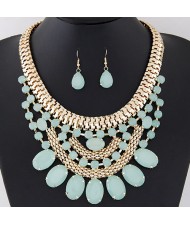 Oval Shape Gems Decorated Golden Snake Chain Necklace and Waterdrop Earrings Set - Green