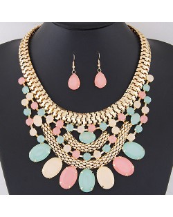 Oval Shape Gems Decorated Golden Snake Chain Necklace and Waterdrop Earrings Set - Multicolor