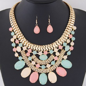 Oval Shape Gems Decorated Golden Snake Chain Necklace and Waterdrop Earrings Set - Multicolor
