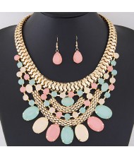 Oval Shape Gems Decorated Golden Snake Chain Necklace and Waterdrop Earrings Set - Multicolor
