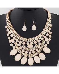 Oval Shape Gems Decorated Golden Snake Chain Necklace and Waterdrop Earrings Set - Beige