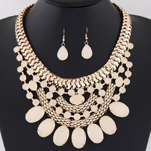 Oval Shape Gems Decorated Golden Snake Chain Necklace and Waterdrop Earrings Set - Beige