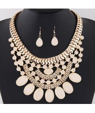 Oval Shape Gems Decorated Golden Snake Chain Necklace and Waterdrop Earrings Set - Beige