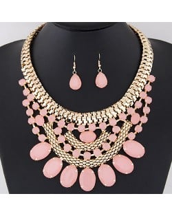 Oval Shape Gems Decorated Golden Snake Chain Necklace and Waterdrop Earrings Set - Pink