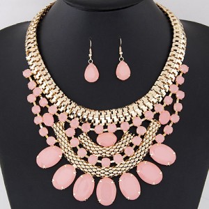 Oval Shape Gems Decorated Golden Snake Chain Necklace and Waterdrop Earrings Set - Pink