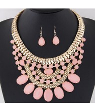 Oval Shape Gems Decorated Golden Snake Chain Necklace and Waterdrop Earrings Set - Pink