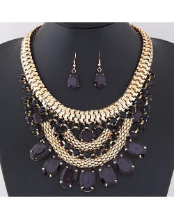 Oval Shape Gems Decorated Golden Snake Chain Necklace and Waterdrop Earrings Set - Black